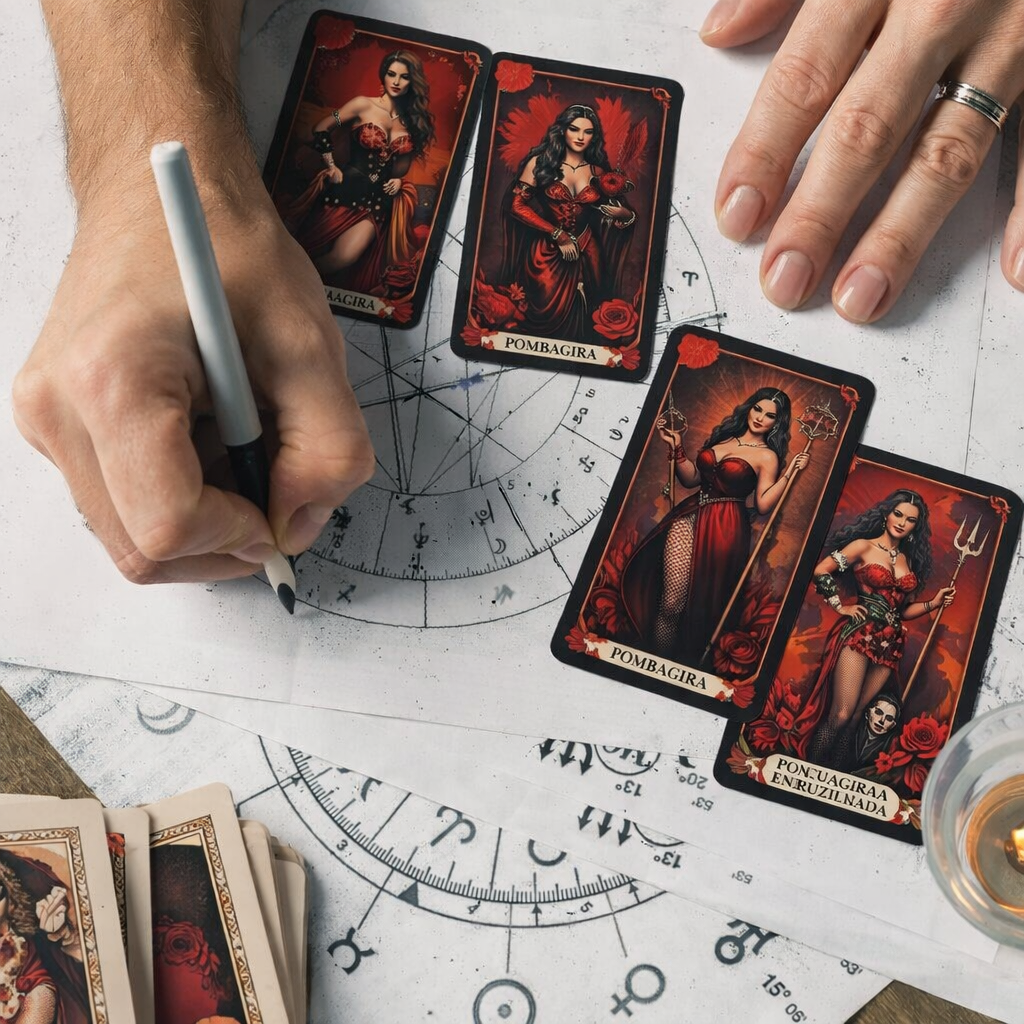Mãos masculinas realizando leitura de oráculo com cartas do baralho de Pombagira sobre mapa astrológico, em ambiente simbólico e espiritual.