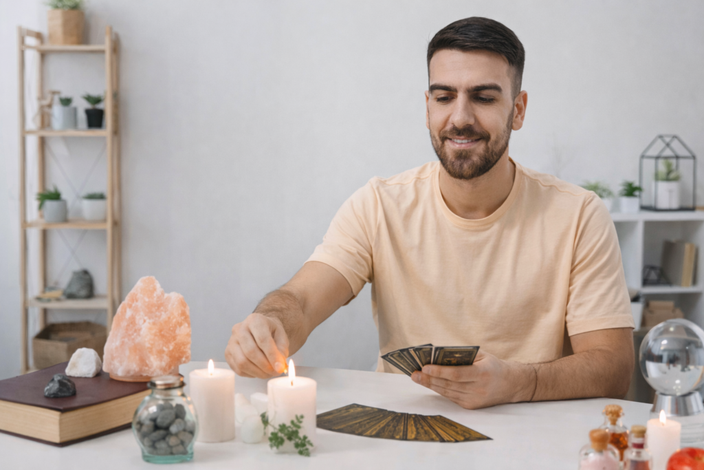 Terapeuta do Espaço de Reconexão, Leandro Reis Bottura, realizando leitura de cartas em ambiente místico, acendendo vela sobre mesa com cristais e elementos espirituais.